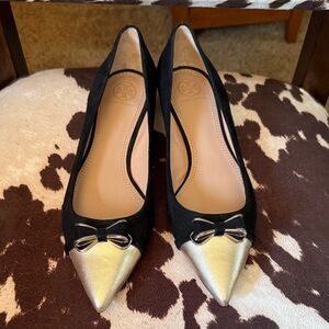 Tory Burch Black and Gold Pointed Heels